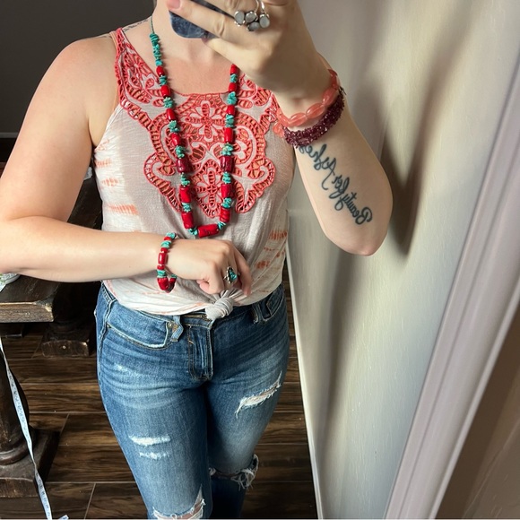 Real Turquoise Red Coral Necklace Bracelet Earring 3 pc set blue green handmade - Picture 10 of 16